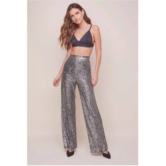 NWT ASTR The Label Selma Silver BlackMetallic Sequin High Waist Wide Leg Pant